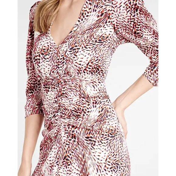 Express Abstract Print Puff Sleeve Ruched Hi-Lo Midi Dress S - Picture 2 of 7